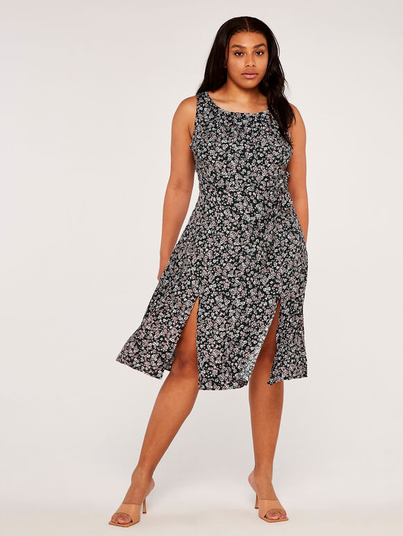Curve Floral Pleat Slits Midi Dress, Green, large