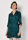 Animal Print Satin Wrap Mini Dress, Green, large