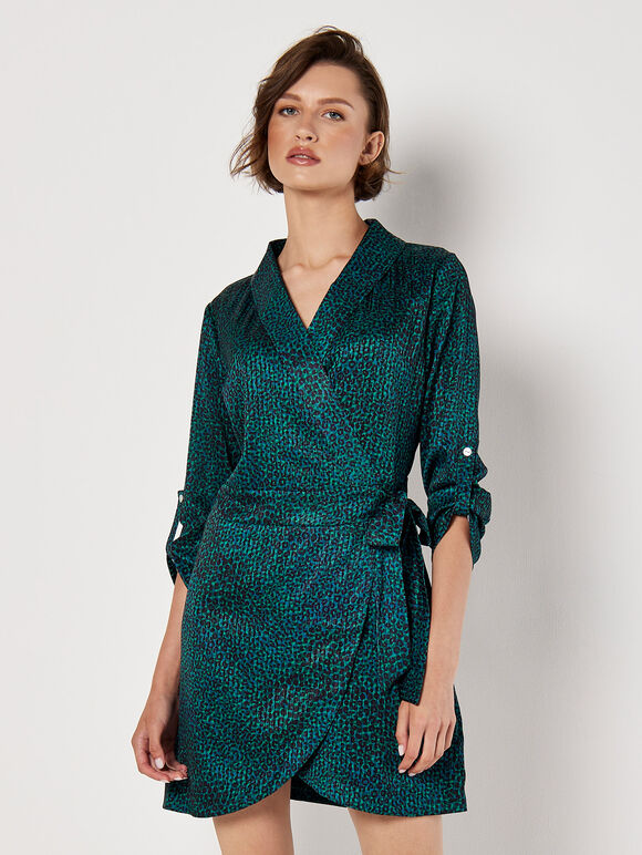 Animal Print Satin Wrap Mini Dress, Green, large