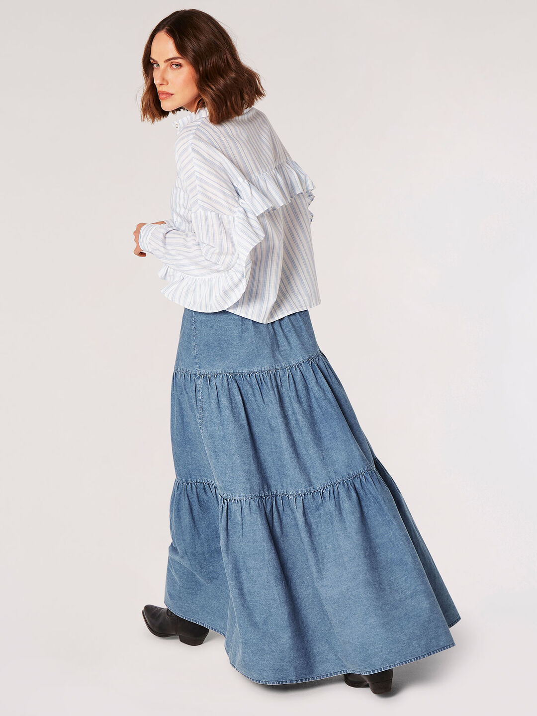 Image of Cotton Stripe Cropped Ruffle Shirt