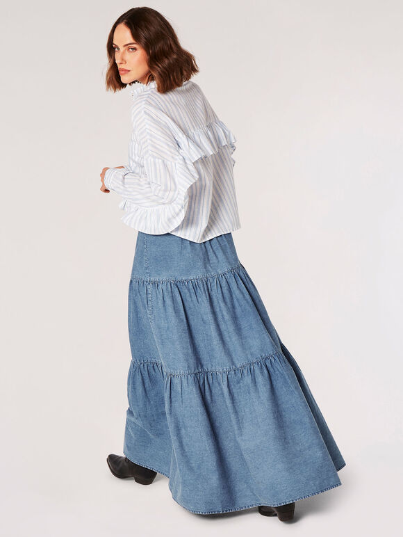Cotton Stripe Cropped Ruffle Shirt, White, large