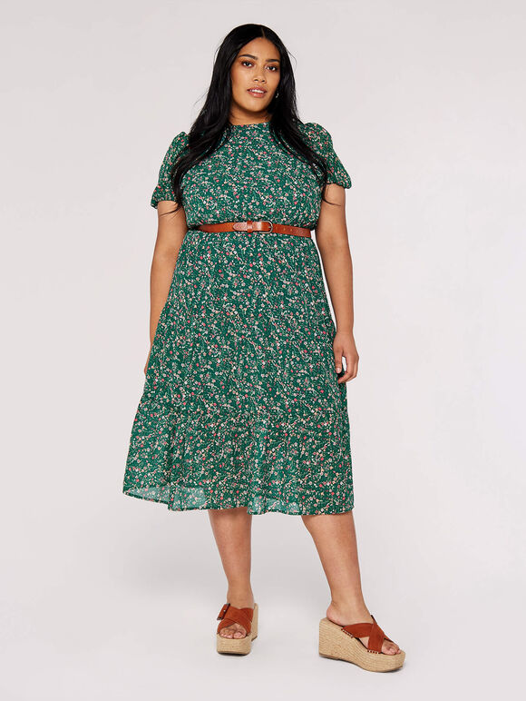 Curve Floral Smock Dress, Green, large