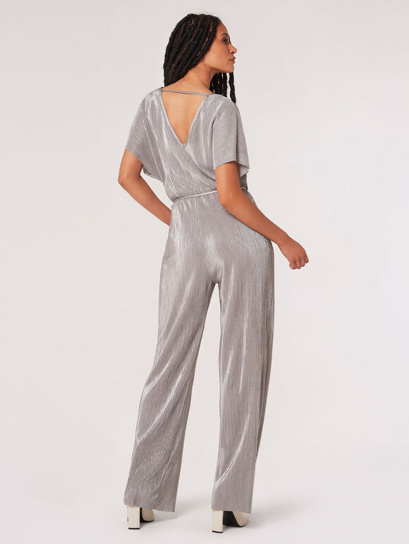 Plisse Metallic Jumpsuit, Silver, large