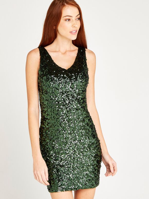 All Over Sequin Bodycon Dress, Green, large