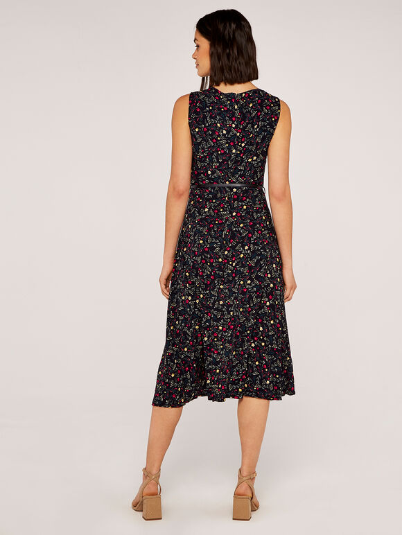 Ditsy Midi Cut Out Nk Belted Dress, Navy, large