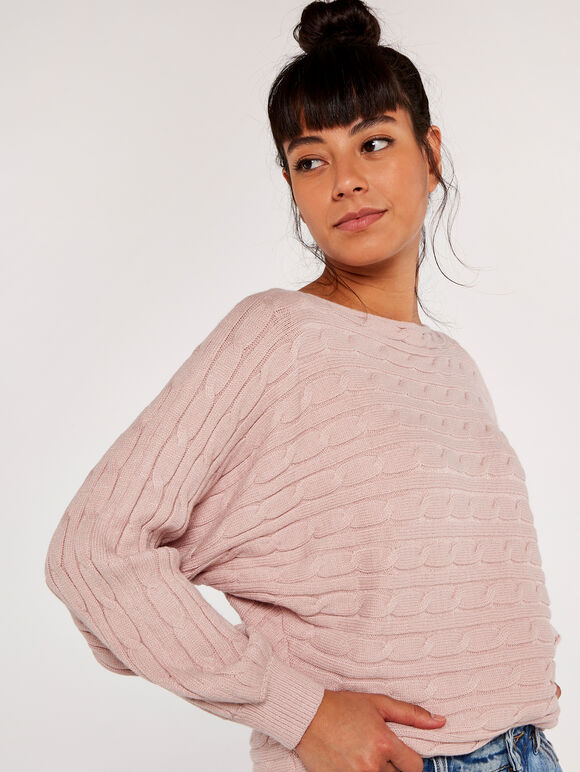 Cable Stripe Batwing Aran Jumper, Pink, large