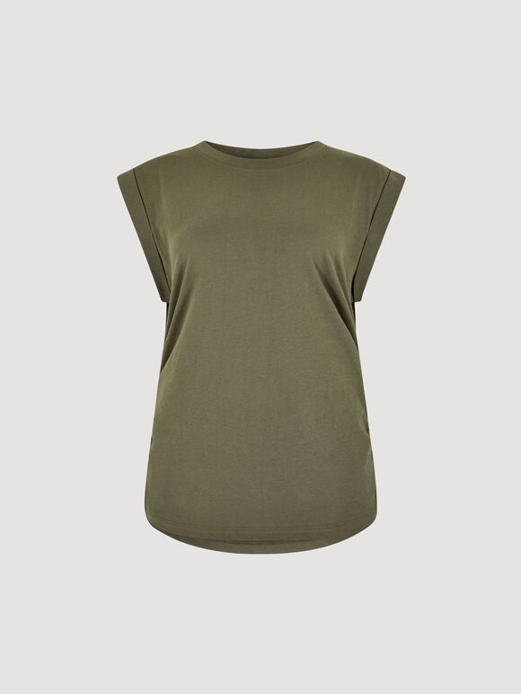 Cotton Jersey Side Ruched T-Shirt, Khaki, large