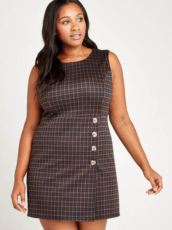 Dogtooth Button Wrap Skirt Dress+, Rust, large