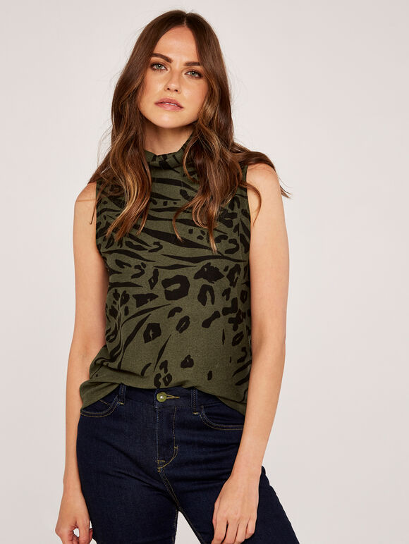 Leopard And Zebra Mock Neck Top, Khaki, large