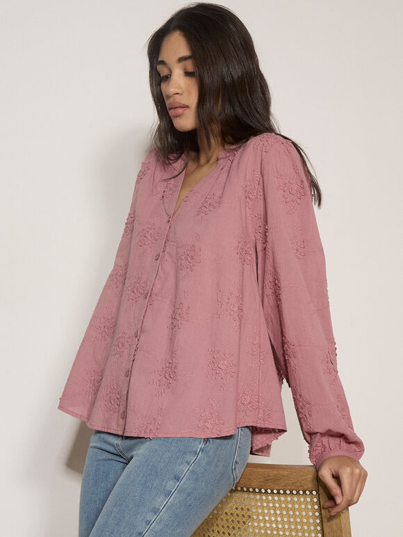 Floral Embroidered Cotton Blouse, Pink, large