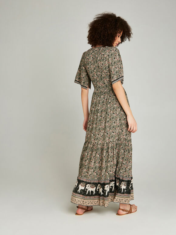 Elephant Border Print Maxi Dress, Khaki, large