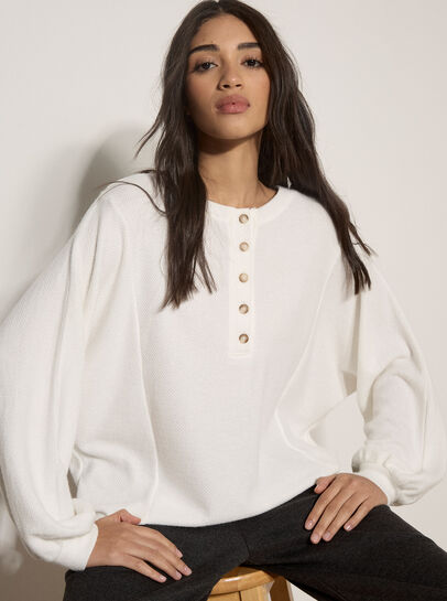 Waffle Knit Button Neck Top
