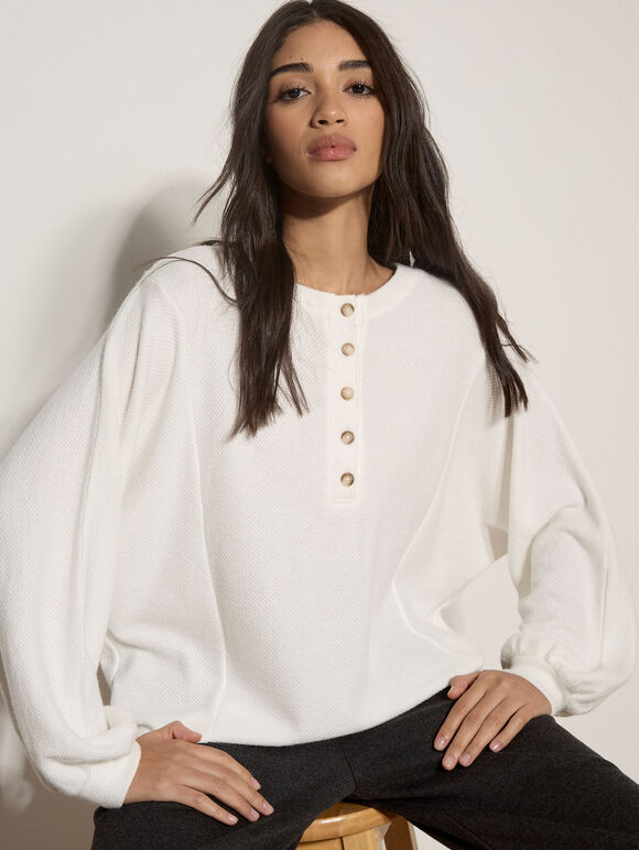 Waffle Knit Button Neck Top, Cream, large