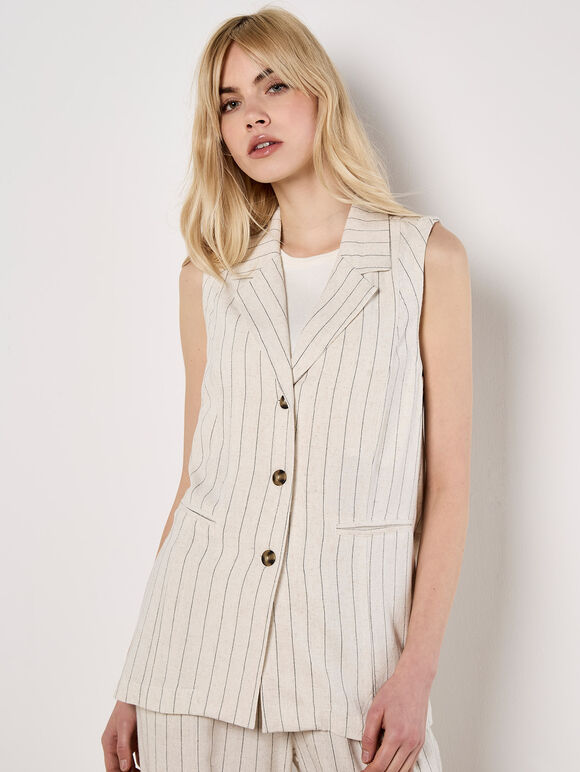 Longline Woven Pinstripe Waistcoat, Stone, large