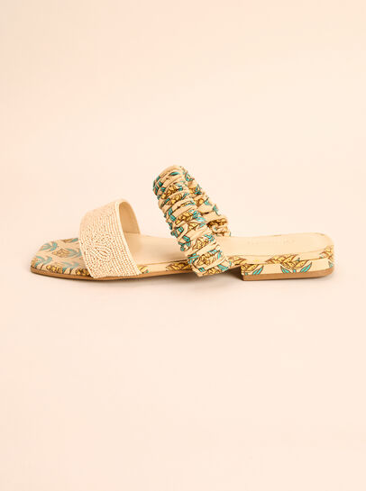 Floral Print Beaded Leather Sandals