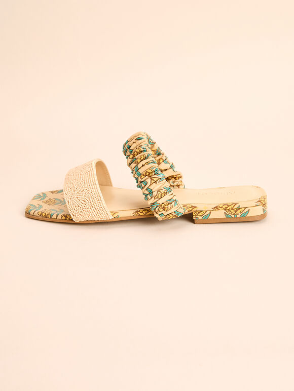 Floral Print Beaded Leather Sandals, White, large