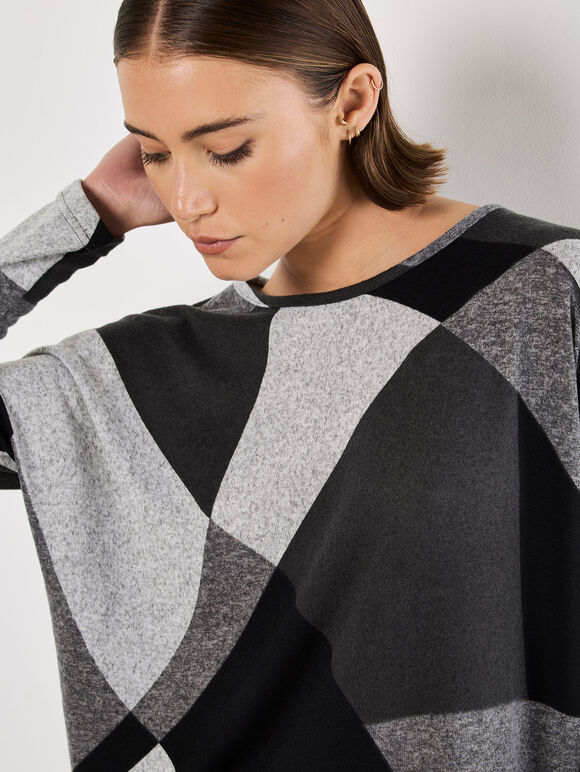 Geo Colour Block Knitted Top, Grey, large