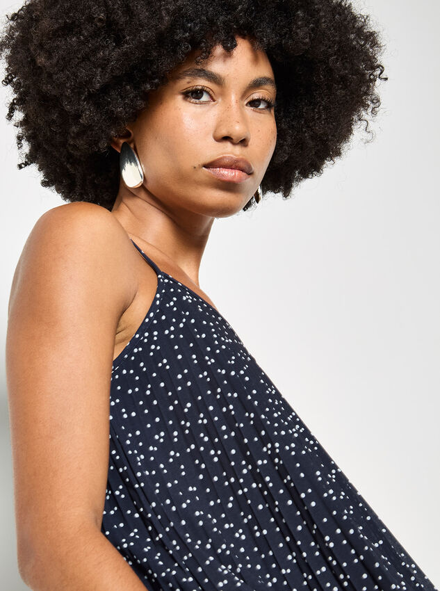 Poka Dot Pleated Chiffon Cami Top, Navy, large