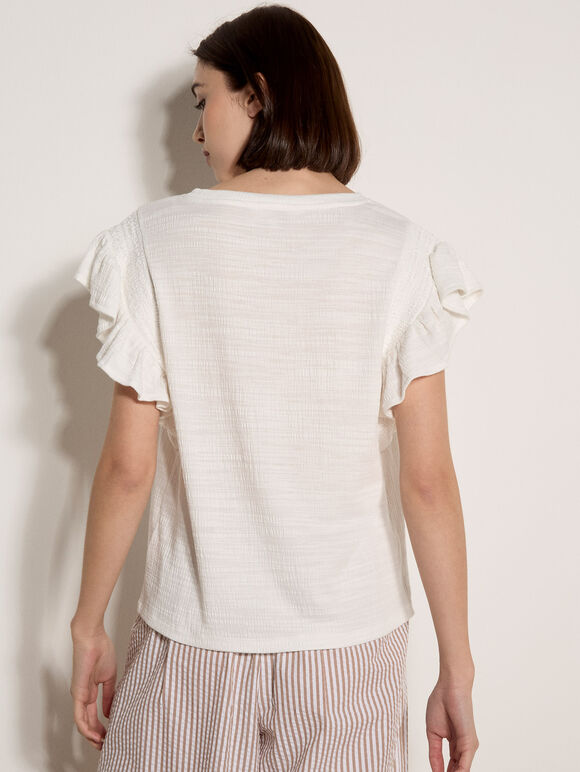 Ruffle Sleeve Textured T-Shirt, Cream, large