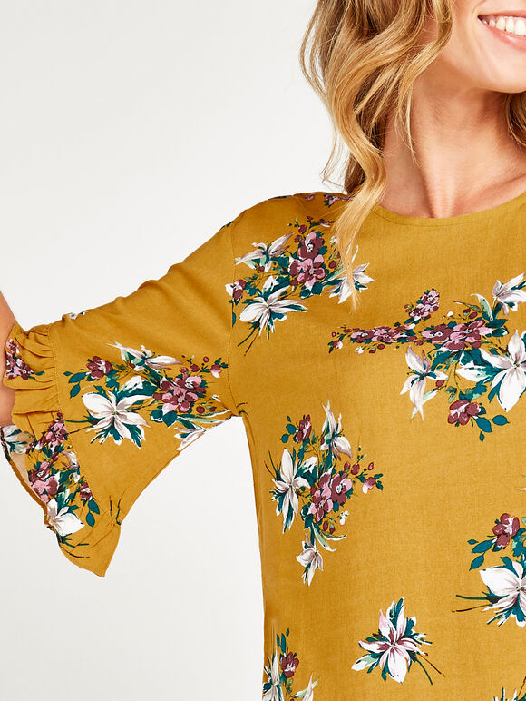 Yellow Floral Ruffle Sleeve Top, Mustard, large
