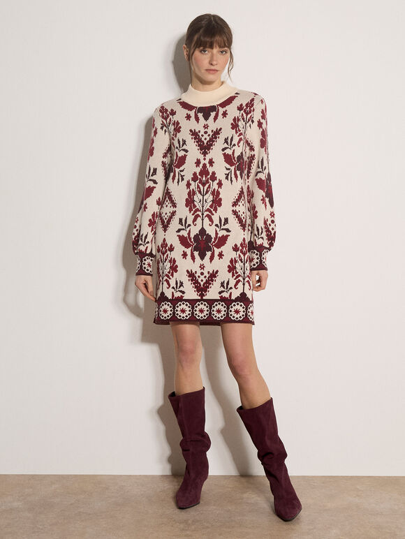 Folk Floral Mini Jumper Dress, Stone, large