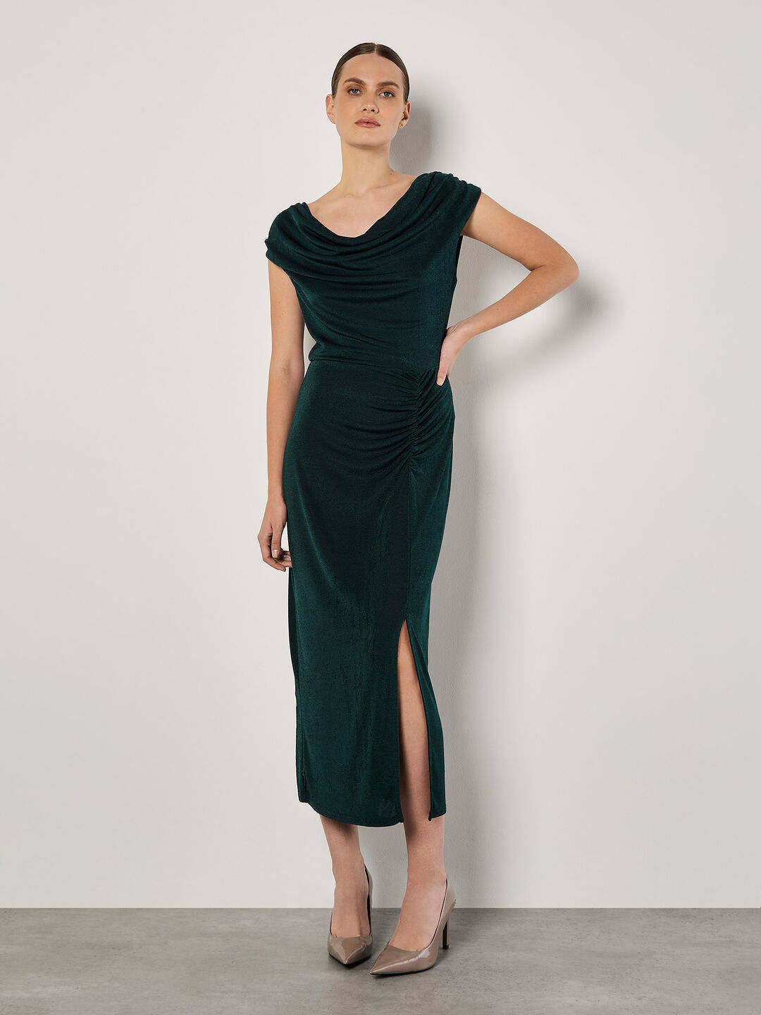 Image of Sheen Jersey Ruched Maxi Dress