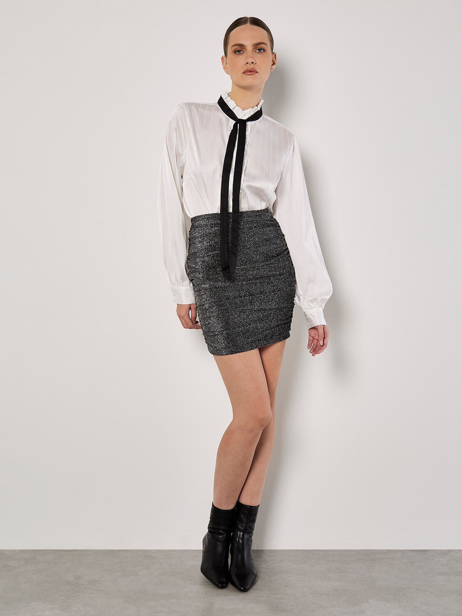 Ruched Metallic Mini Skirt Apricot Clothing