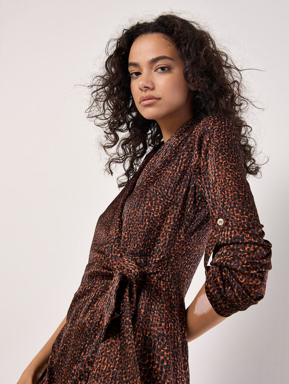 Animal Print Satin Wrap Mini Dress, Rust, large