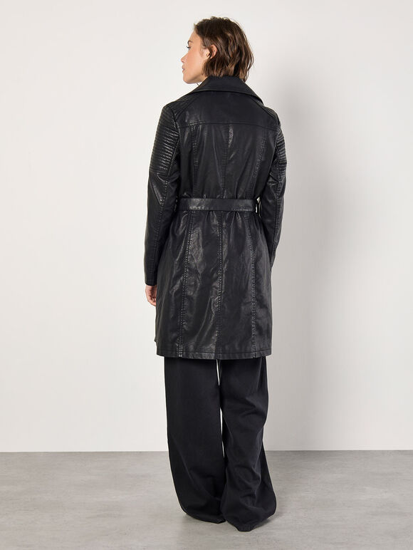 Faux Leather Biker Trench Coat, Black, large