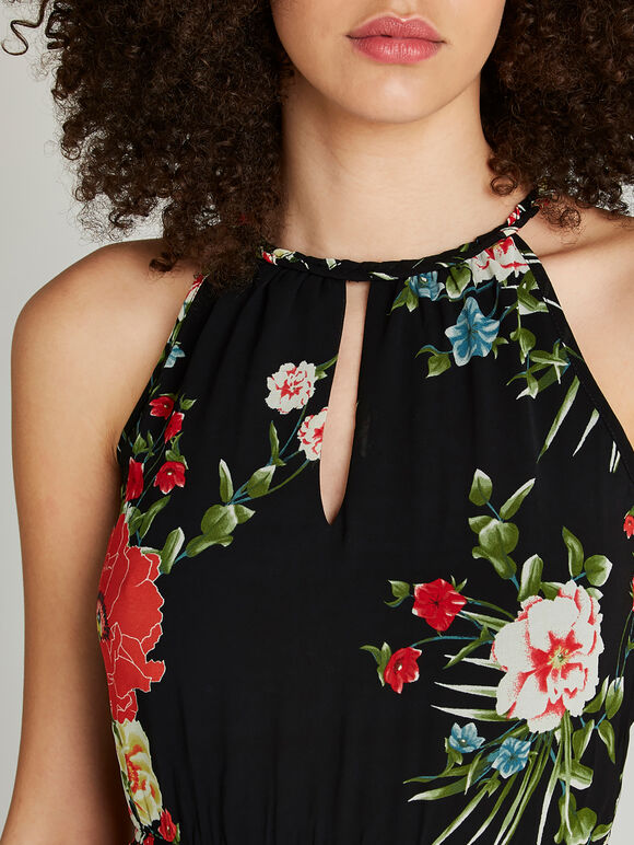 Black Tropical Floral Rope Neck Maxi Dress, Black, large