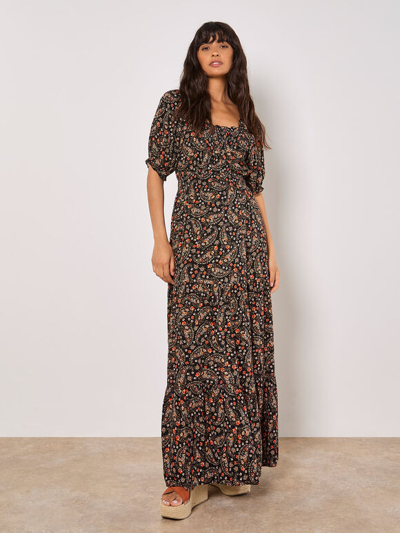 Floral Paisley Milkmaid Maxi Dress, Black, large