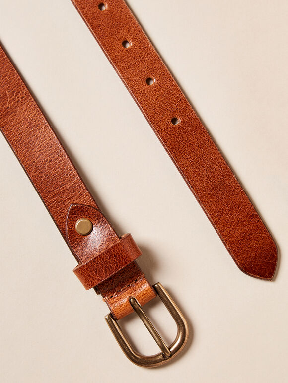 Thin Leather Gold Buckle Belt, Brown, large