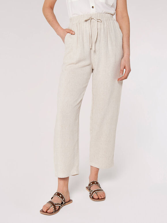 Linen Blend Cropped Trousers, Stone, large