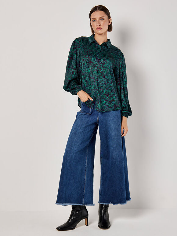Animal Print Self Stripe Satin Shirt, Green, large