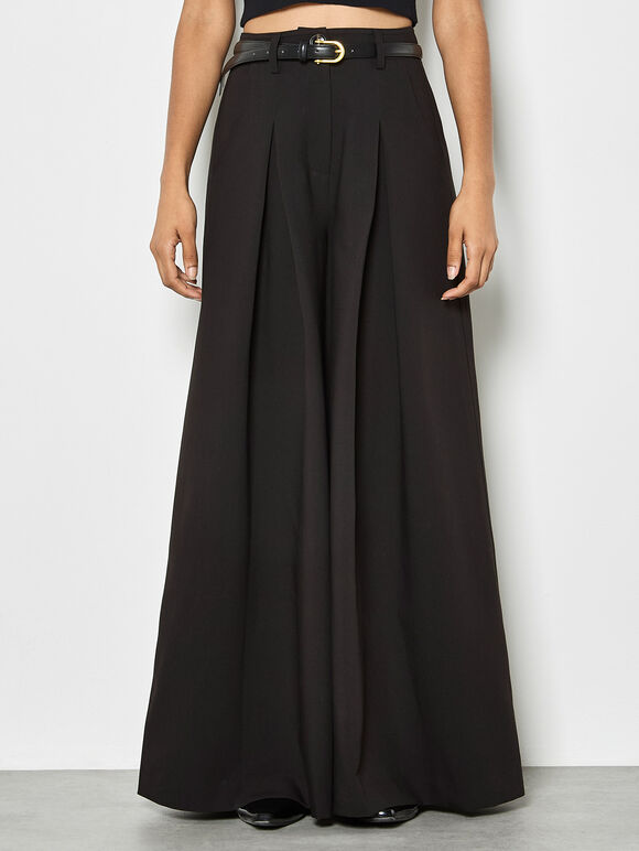 Super Wide Leg Pleat Tailored Trousers, Black, large