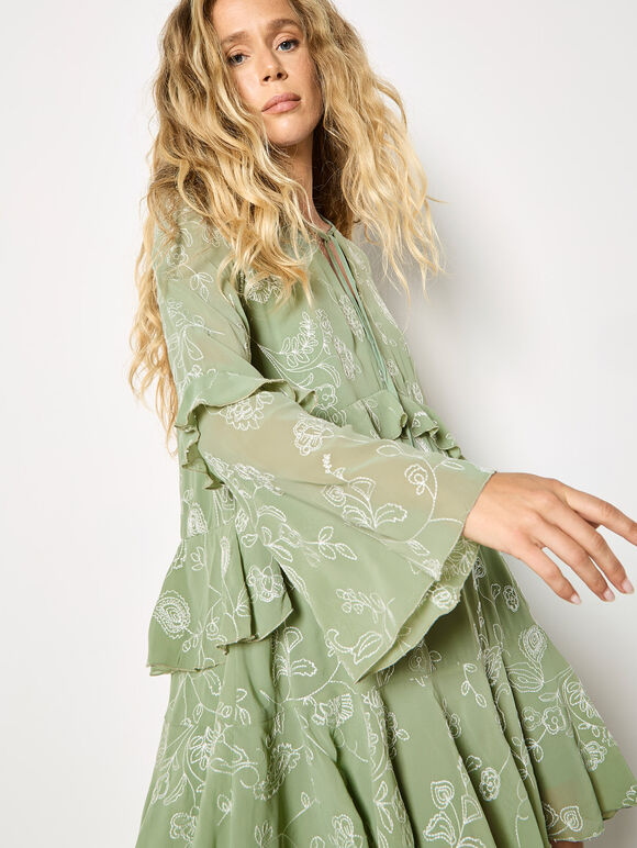 Chiffon Floral Embroidered Mini Dress, Mint, large