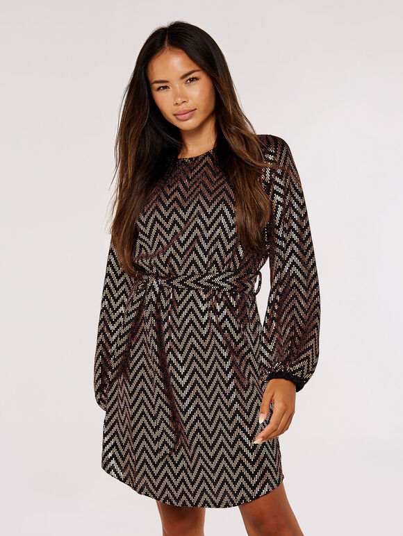 Chevron Mini Dress, Brown, large