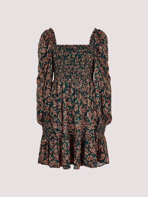 Paisley Milkmaid Mini Dress, Green, large