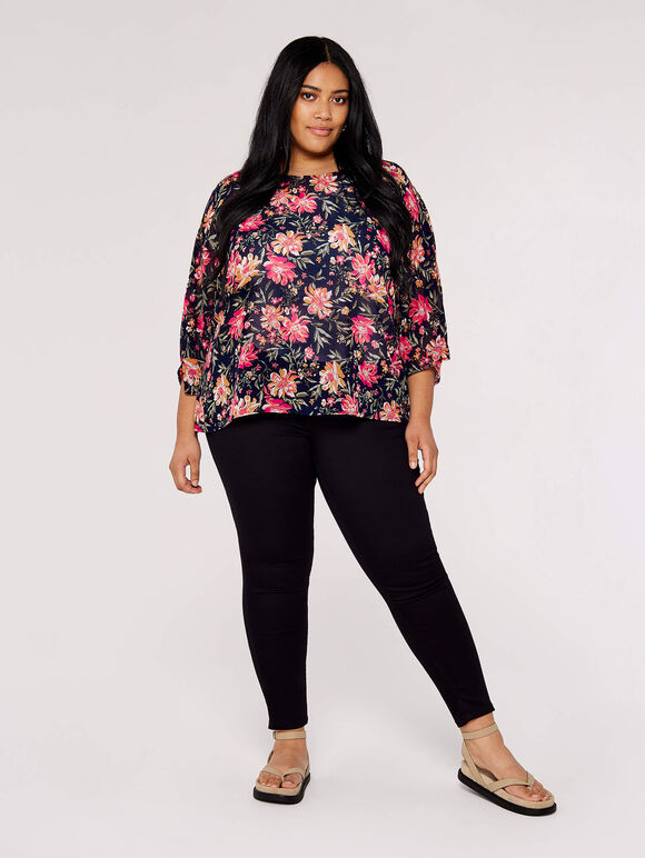 Curve Vintage Floral Top, Navy, large