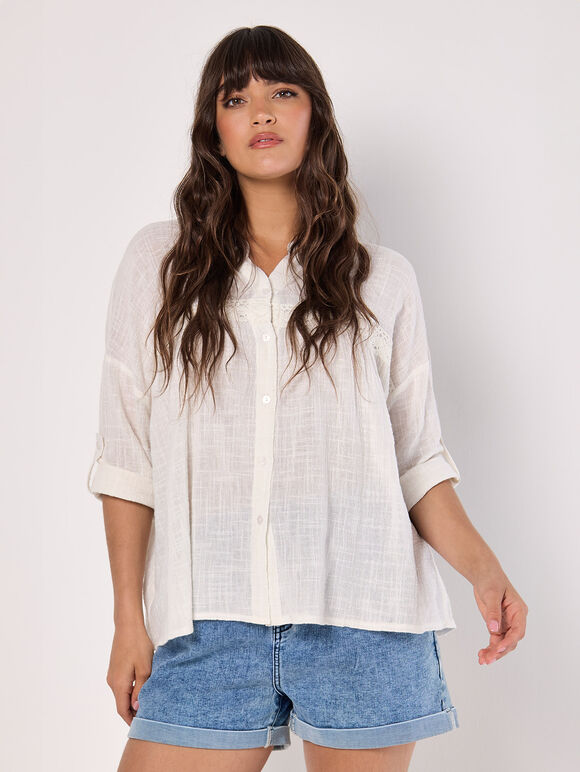 Lace Detail Cotton Blouse, Cream, large