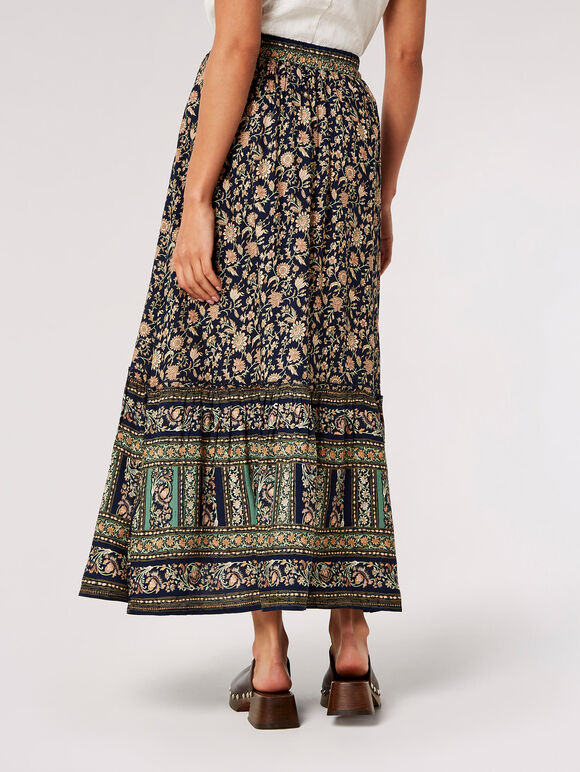 Sarasa Floral Border Maxi Skirt, Navy, large