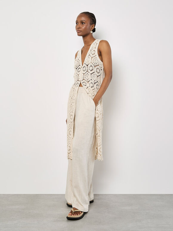 Crochet Longline Sleeveless Cardigan, Stone, large