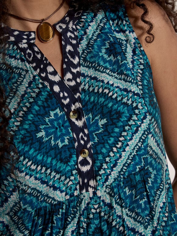 Geometric Patchwork Tiered Midi Dress, Teal, large