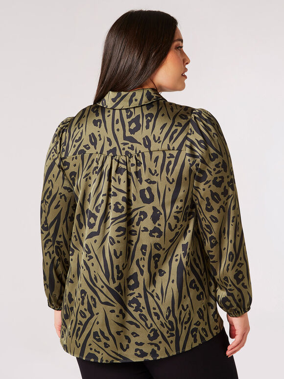 Curve Animal Print Satin Shirt, Khaki, large