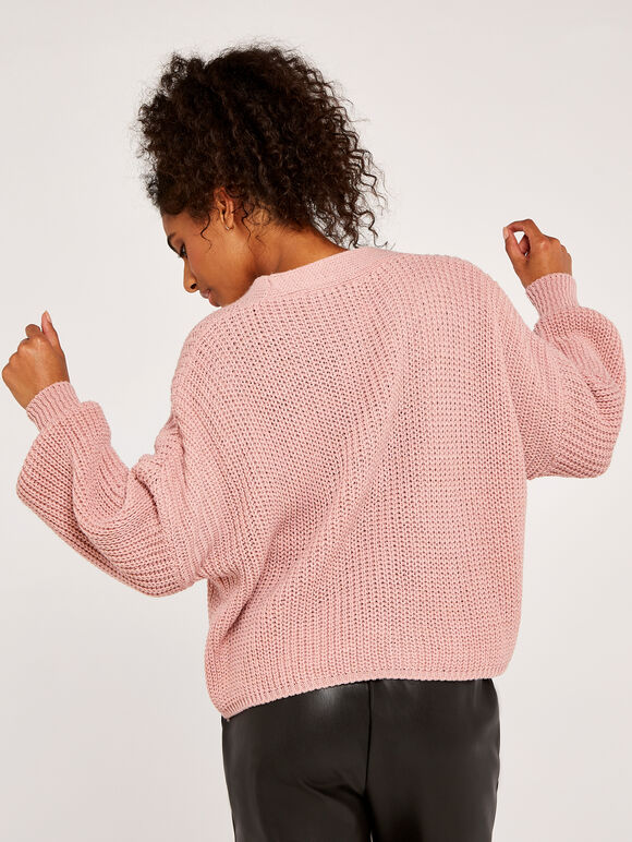 Chunky Knit Cropped Cardigan, Pink, large