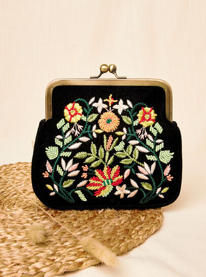 Floral Hand-Embroidered Velvet Bag