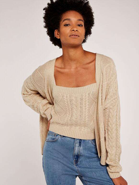 Cable Knit Cardigan, Stone, large
