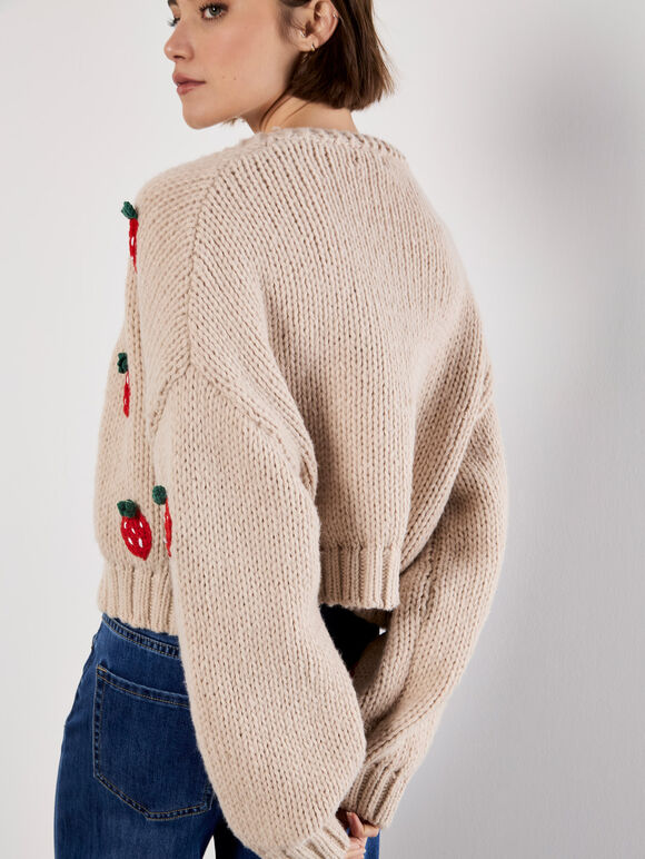 Chunky Knit Strawberry Cardigan, Stone, large