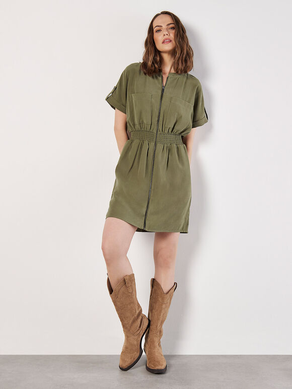Zip-Down Utility Mini Dress, Khaki, large