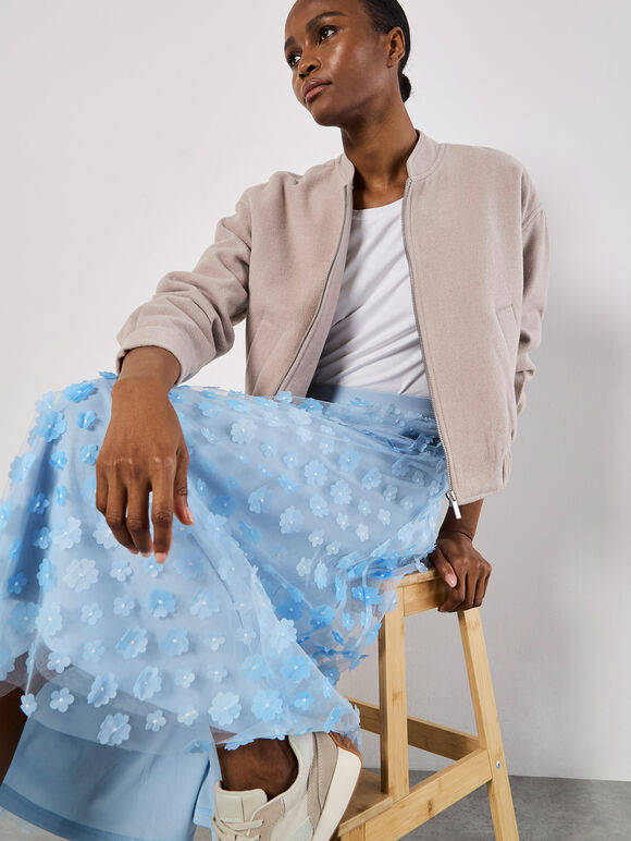Applique Flowers Tulle Midi Skirt, Blue, large